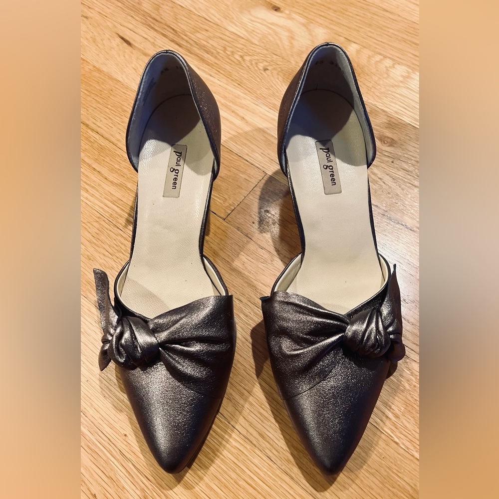 Paul Green Nuriah D’orsay Metallic Leather Knotted Bow Kitten Heel Pumps 7 1/2